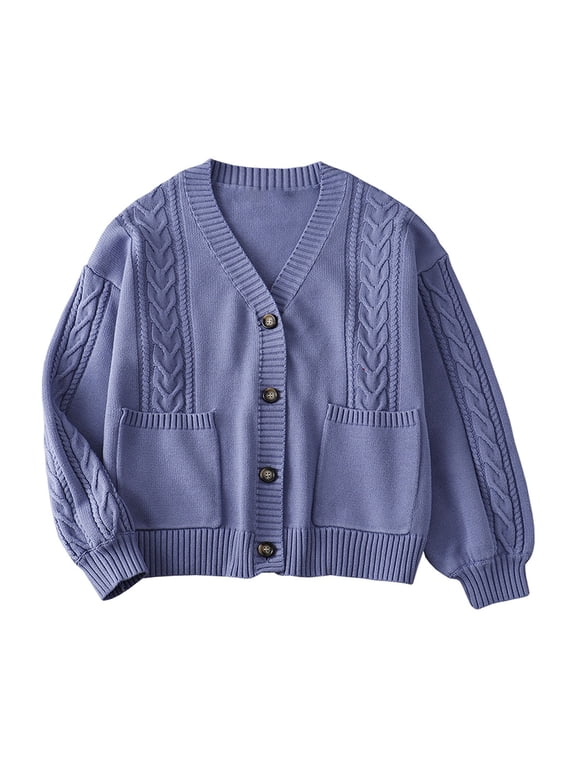 Women Sweater Long Sleeve Cardigans Top Chunky Sweaters with Pocket Ribbed Cuff Button Down Solid Clothes L