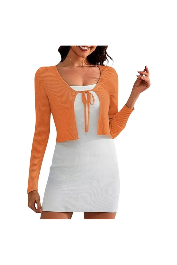 Women Sweater Long Sleeve Cardigans Top Tie Front Cropped Trendy Sweaters Solid Casual Clothes Orange S