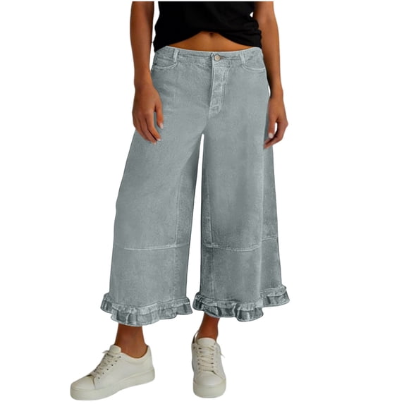 successthop Women Wide Leg Jeans for Women Cropped Pant Button Ruffle Hem Trousers Zip Up Casual Clothes with Pockets XL