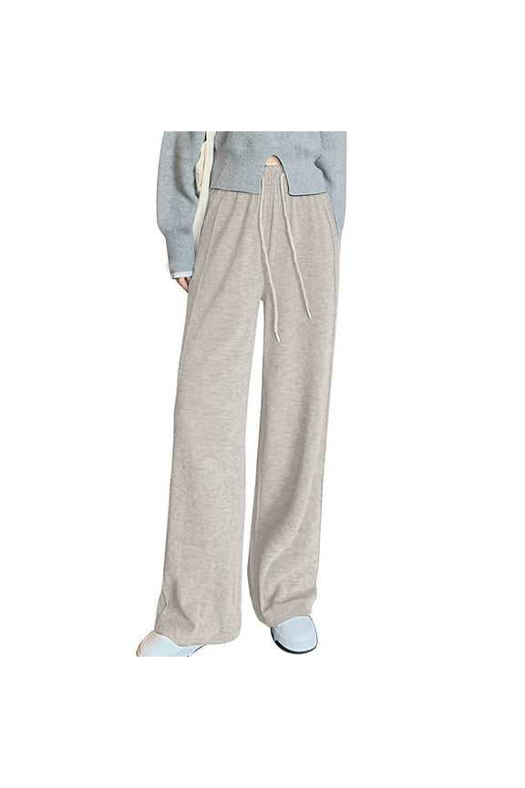 Women Wide Leg Pants Drawstring Baggy Knit Slacks Solid Bottoms Vacation Summer Trousers with Pockets Beige