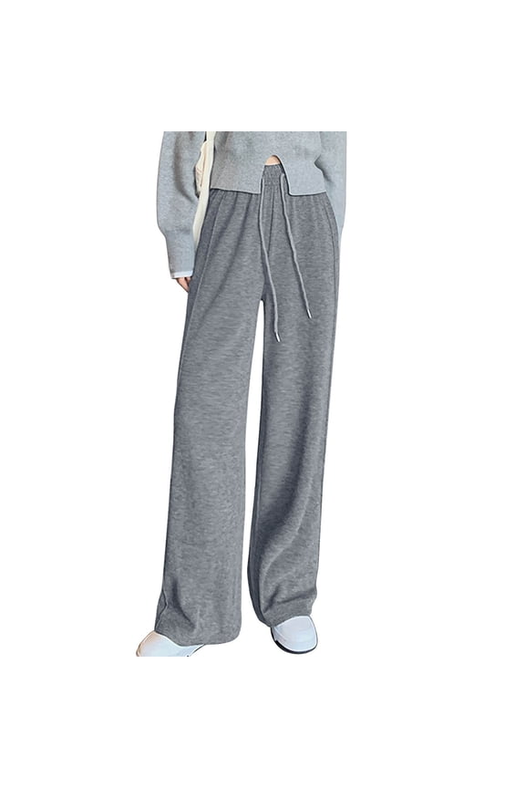 Women Wide Leg Pants Drawstring Baggy Knit Slacks Solid Bottoms Vacation Summer Trousers with Pockets Gray M