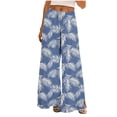 thumbnail image 1 of successthop Women Wide Leg Pants Drawstring Elastic Waist Bottoms Slit Hem Slacks Leaf Summer Trousers with Pockets Blue, 1 of 8
