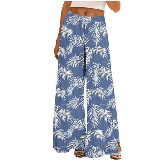successthop Women Wide Leg Pants Drawstring Elastic Waist Bottoms Slit Hem Slacks Leaf Summer Trousers with Pockets Blue