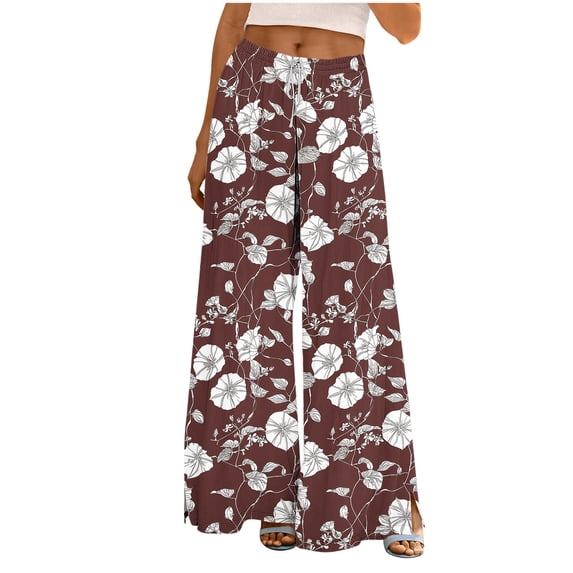 successthop Women Wide Leg Pants Drawstring Elastic Waist Trousers Slit Hem Slacks Floral Casual Bottoms with Pockets XL