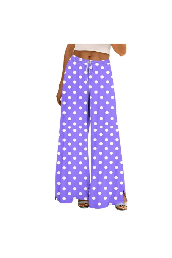 Women Wide Leg Pants Drawstring Elastic Waist Trousers Slit Hem Slacks Polka Dots Bottoms with Pockets M
