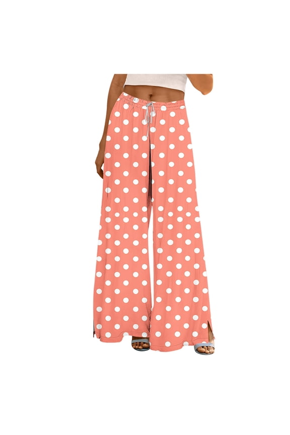 Women Wide Leg Pants Drawstring Elastic Waist Trousers Slit Hem Slacks Polka Dots Bottoms with Pockets S
