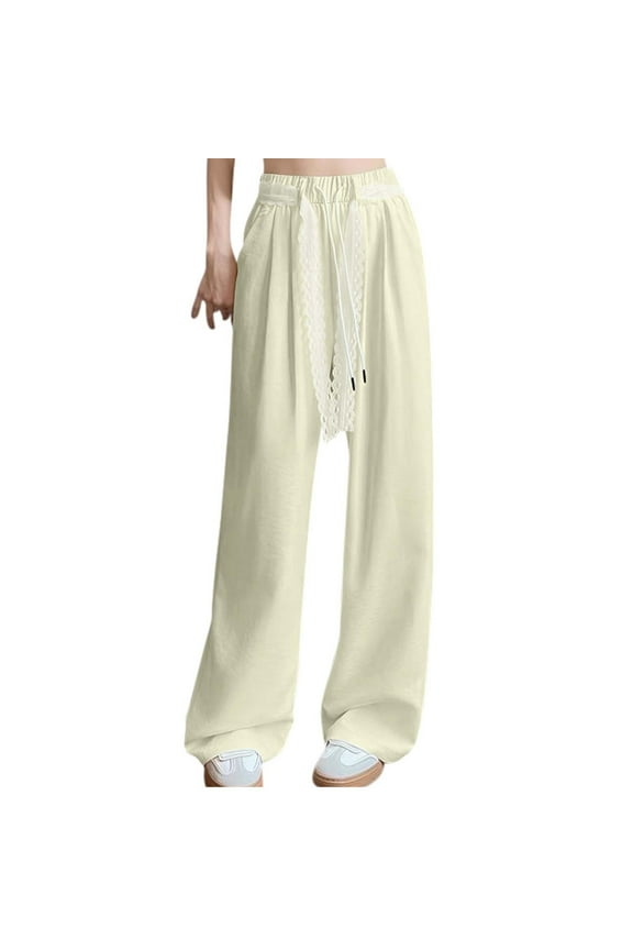 Women Wide Leg Pants High Waist Drawstring Slacks Drawstring Bottoms Elastic Waist Trousers with Pockets M