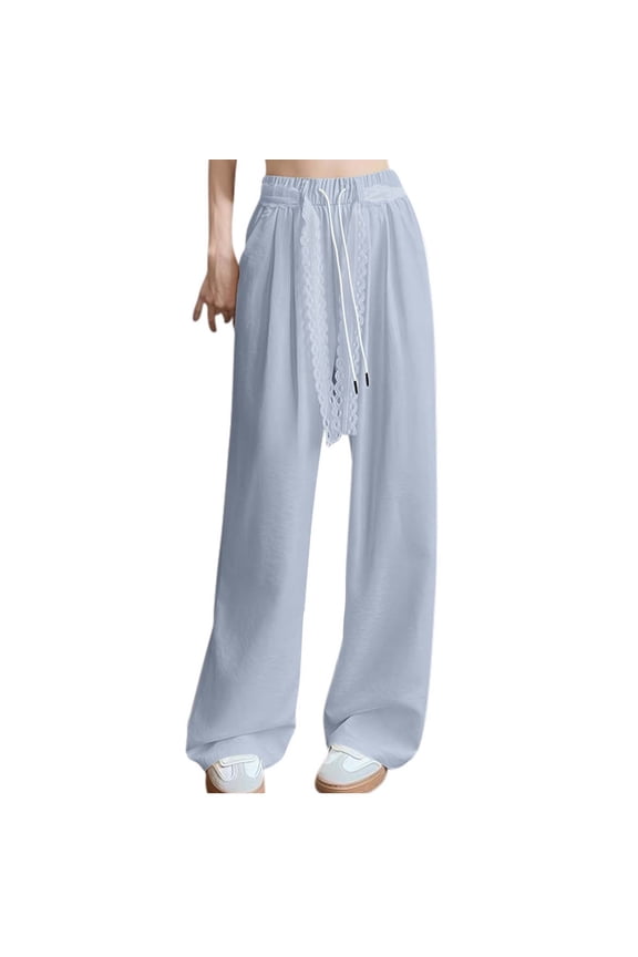Women Wide Leg Pants High Waist Drawstring Slacks Drawstring Bottoms Elastic Waist Trousers with Pockets S