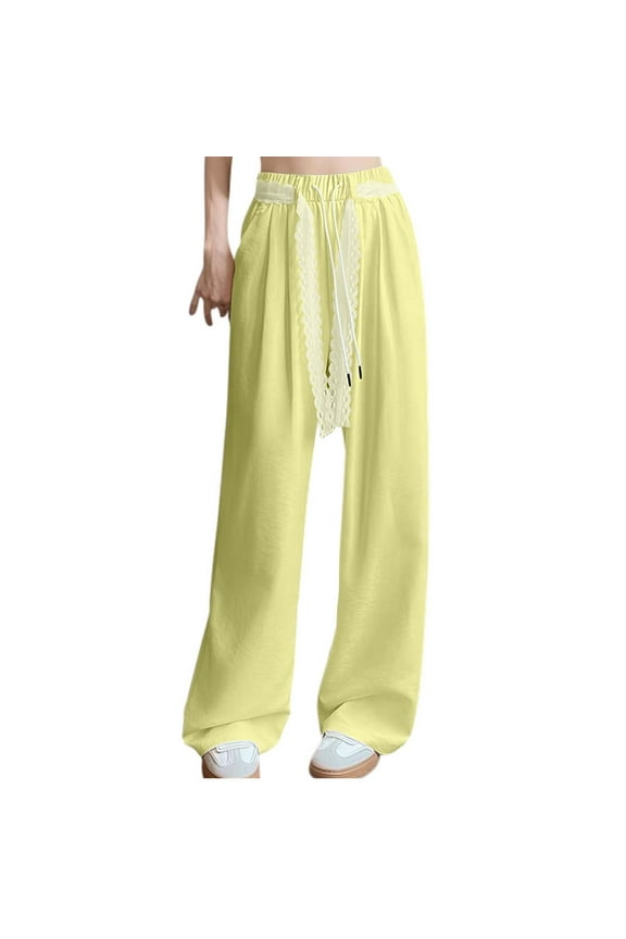 Women Wide Leg Pants High Waist Drawstring Slacks Drawstring Bottoms Elastic Waist Trousers with Pockets S