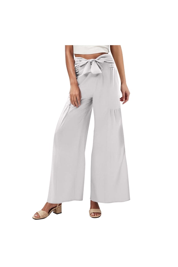 Women Wide Leg Pants High Waist Tie Knot Slacks Tie Knot Elastic Waist Trousers Solid Baggy Vacation Bottoms