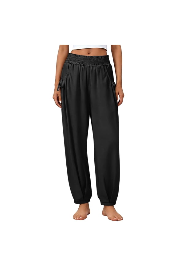 Women Wide Leg Pants with Stretch Elastic Waist Harem Pants Jogger Slacks Causal Clothes with Pockets Black