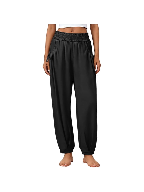 Women Wide Leg Pants with Stretch Elastic Waist Harem Pants Jogger Slacks Causal Clothes with Pockets Black