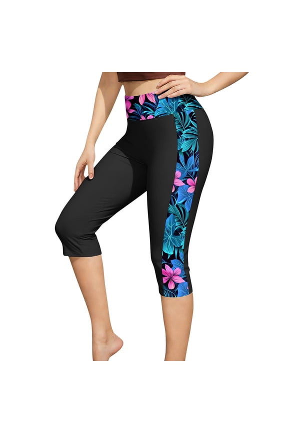 Women's High Waisted Swim Bottoms Capri Leggings Slim Swimsuit Side Hawaii Print Summer Holiday Bathing Suit
