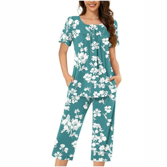 successthop Women's Summer Pajamas Capri Green Lightweight Plus Size Floral Short Sleeve with Pockets Button 2 Piece Loungewear XL