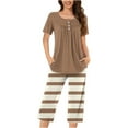 thumbnail image 1 of successthop Women's Summer Pajamas Capri Lightweight Plus Size Striped Short Sleeve Button 2 Piece Loungewear S Khaki, 1 of 7