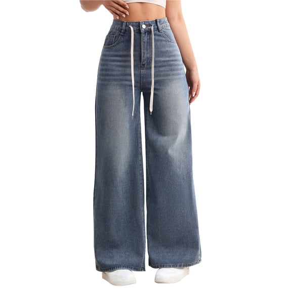 successthop Women's Wide Leg Jeans Straight Leg Pant Drawstring Button Trousers Zip Up Casual Clothes with Pockets Blue