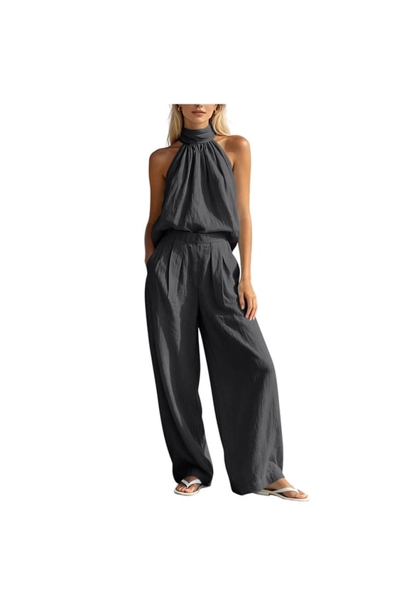 Womens 2 Piece Sets Casual Sets for Traveling Matching Summer Outfits Halter Top Wide Leg Pant with Pockets