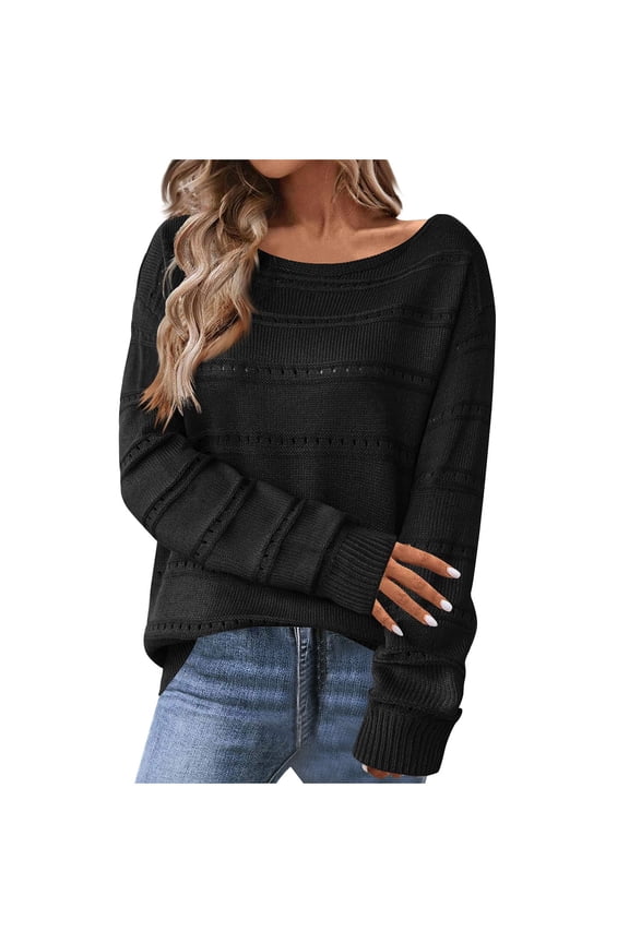 Womens 2025 Fall Sweater Knit Long Sleeve Tops Crewneck Winter Outwear Ribbed Cuff Crochet Solid Clothes 2XL