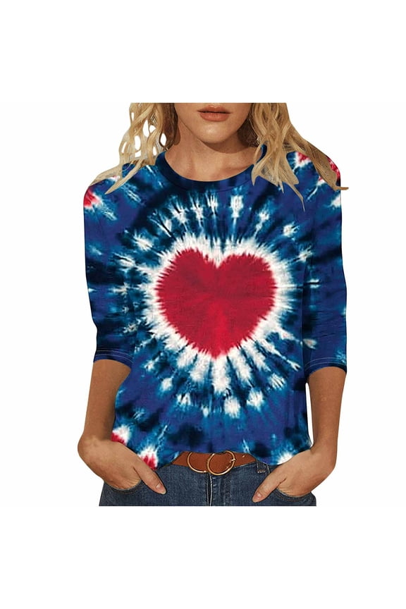 Womens 3/4 Sleeve Shirts Red Heart Valentine Day Oversized Crewneck Clothes Soft Blouse Stylish Tops S
