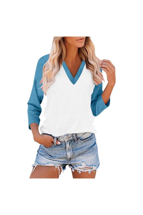 Womens 3/4 Sleeve T Shirts V Neck Shirt Pullover Tops Raglan Shoulder Color Block Fall Plus Size Clothes M