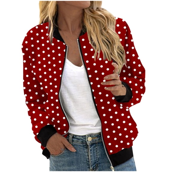 successthop Womens Baseball Jackets Long Sleeve Jacket Zip Up Coat Plus Size Polka Dot Fall Outwear with Pockets Wine XL