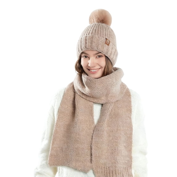 successthop Womens Beanie and Scarf 2 Piece Knit Fuzzball Keep Warm Earflaps Fall Solid Ladies Cold Weather Winter Scarf