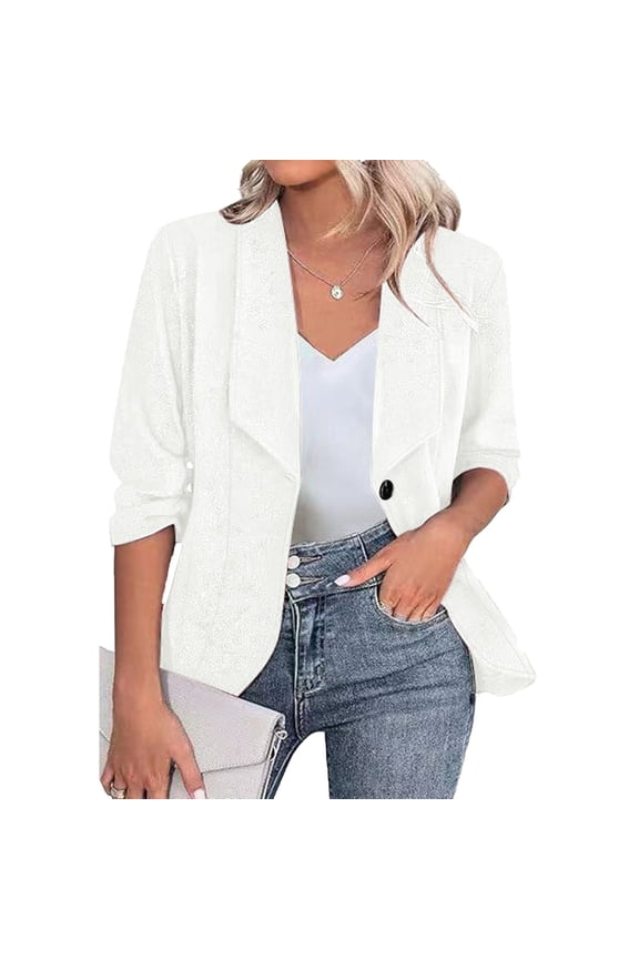 Womens Blazer Jacket Dress Long Sleeve Lapel Jacket Button Up Coat Plus Size Elegant Business Outwear White
