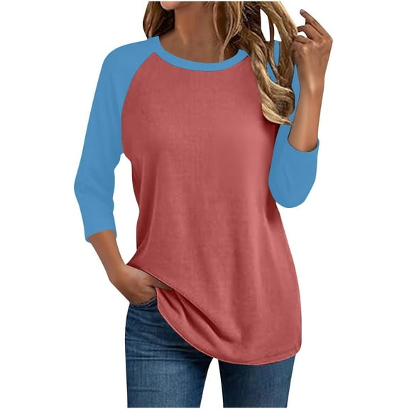 successthop Womens Blouse Casual 3/4 Sleeves Tunic Plus Size Tee Shirt Lightweight Crewneck Shirt Color Block Clothes