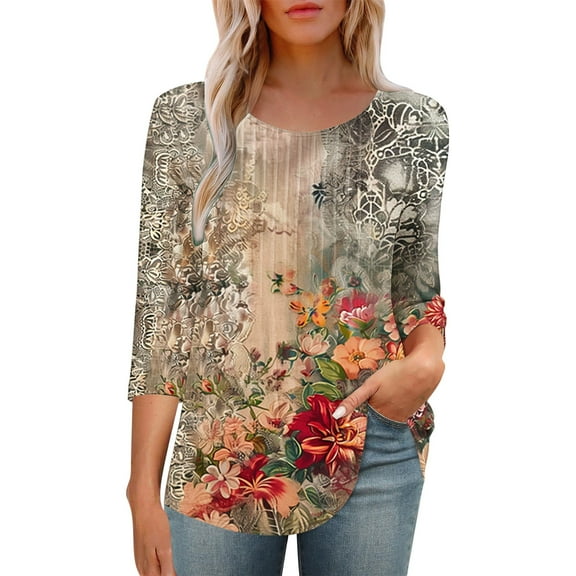 successthop Womens Blouse Casual 3/4 Sleeves Tunic Shirt Lightweight Crewneck Ruched Curved Hem Floral Pullover Shirt