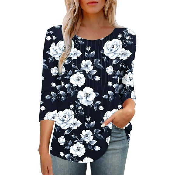 successthop Womens Blouse Casual 3/4 Sleeves Tunic Shirt Lightweight Crewneck Ruched Curved Hem Floral Pullover Shirt
