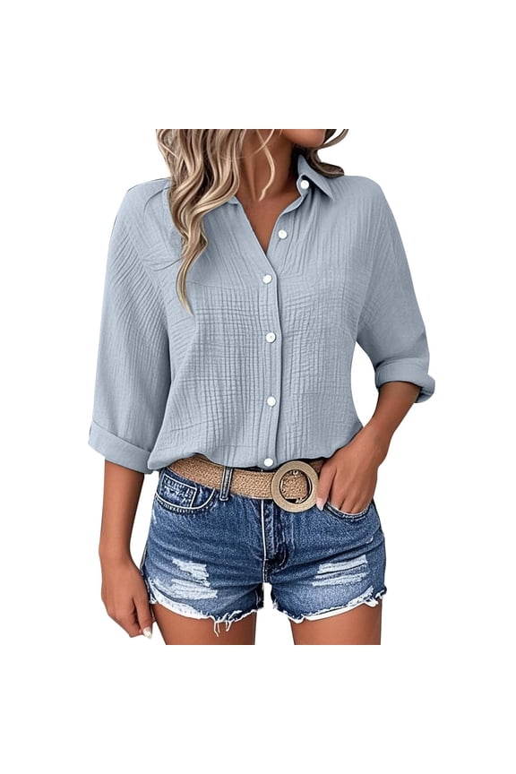 Womens Blouses 3/4 Sleeve Dressy Crinkle Texture Plus Size Top Loose Button Up Shirt Solid Clothes