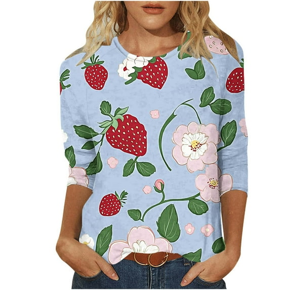 successthop Womens Blouses 3/4 Sleeve Dressy Shirt Lightweight Crewneck Casual Top Floral Strawberry Pullover Shirt