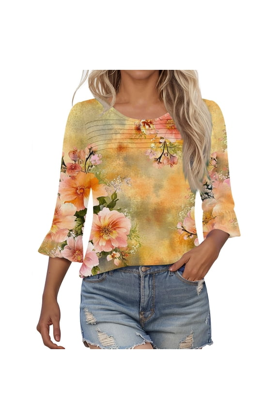 Womens Blouses Casual 3/4 Bell Sleeve Shirt Lightweight Crewneck Ruffle Clothes Fall Leaves Stylish Top