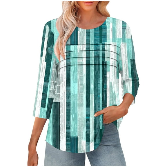 successthop Womens Blouses Casual 3/4 Sleeve Tee Shirts Oversized Crewneck Pleated Pullover Tops Floral Trendy Clothes