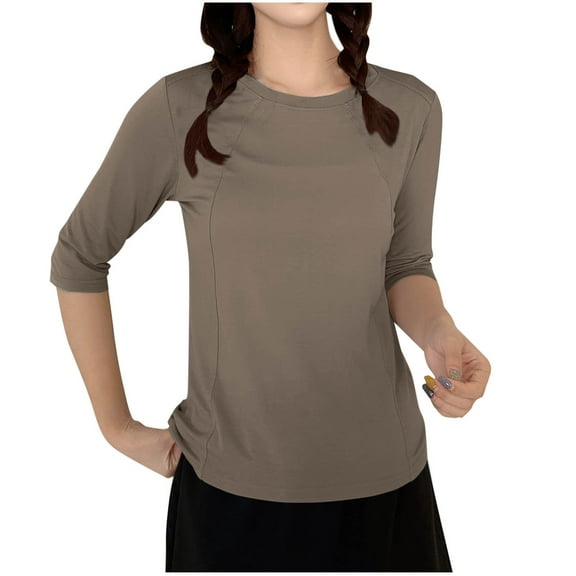 successthop Womens Blouses Casual 3/4 Sleeve Tops Lightweight Crewneck Pleated Undershirts Solid Stylish Loungewear