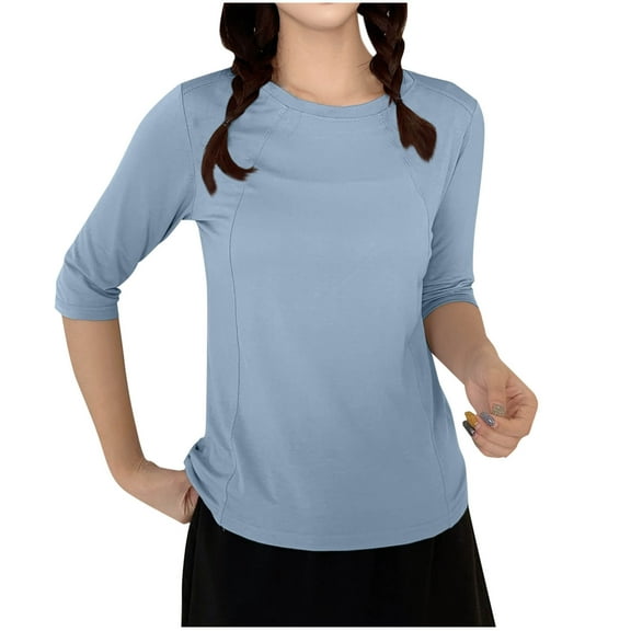 successthop Womens Blouses Casual 3/4 Sleeve Tops Lightweight Crewneck Pleated Undershirts Solid Stylish Loungewear