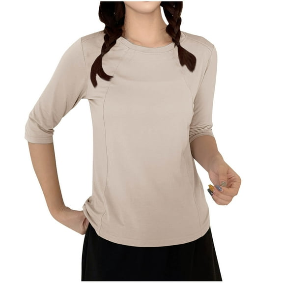 successthop Womens Blouses Casual 3/4 Sleeve Tops Lightweight Crewneck Pleated Undershirts Solid Stylish Loungewear