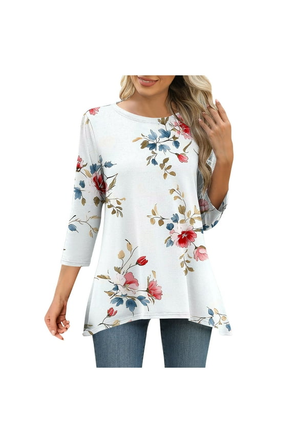 Womens Blouses Casual 3/4 Sleeves Tunic Top Oversized Crewneck Clothes Leopard Print Stylish Shirts