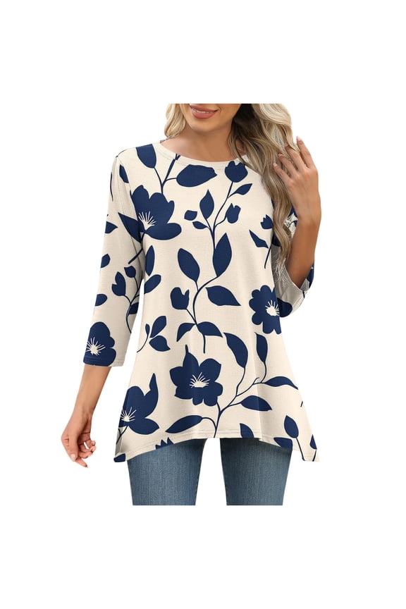 Womens Blouses Casual 3/4 Sleeves Tunic Top Oversized Crewneck Clothes Leopard Print Stylish Shirts