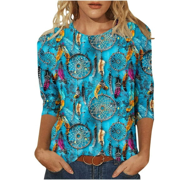 successthop Womens Blouses Casual Plus Size 3/4 Sleeve Shirt Lightweight Oversized Crewneck African Print Tops