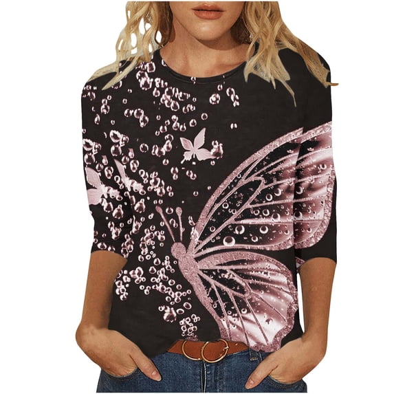 successthop Womens Blouses Casual Plus Size 3/4 Sleeve Tee Shirts Oversized Crewneck Clothes Print Trendy Shirts