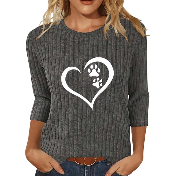 successthop Womens Blouses Casual Ribbed 3/4 Sleeve Top Lightweight Oversized Crewneck Pullover Shirts Print Clothes