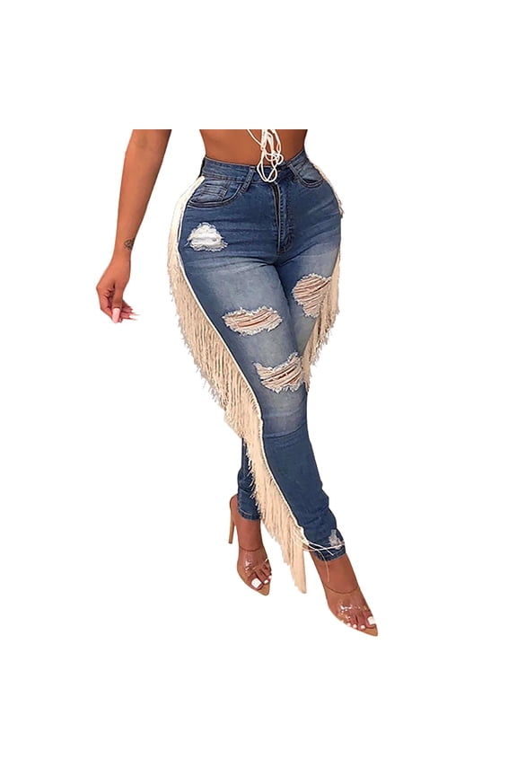 Womens Bootcut Jeans Long Plus Size Trousers Button Distressed Hem Pant Tassel Ripped Zip Up Streetwear Blue