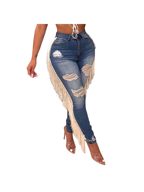 Womens Bootcut Jeans Long Plus Size Trousers Button Distressed Hem Pant Tassel Ripped Zip Up Streetwear Blue