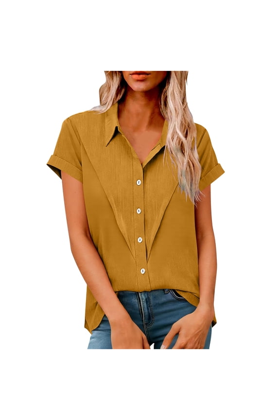 Womens Button Down Blouses Short Sleeve Linen Plus Size Shirt Collar Pullover Tops Solid Summer Clothes Gold