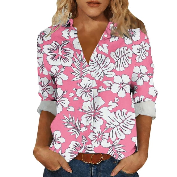 successthop Womens Button Down Shirts Long Sleeve Hawaii Linen Plus Size Collar Shirts Roll Up Tops Print Clothes Pink