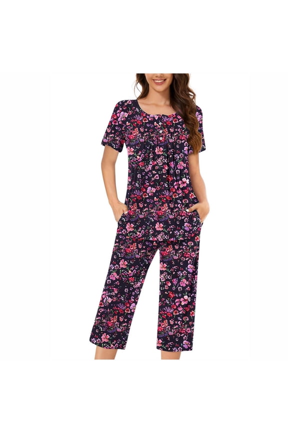 Womens Capri Pajama Sets Lightweight Plus Size Floral Short Sleeve with Pockets Button 2 Piece Loungewear 3XL Wine
