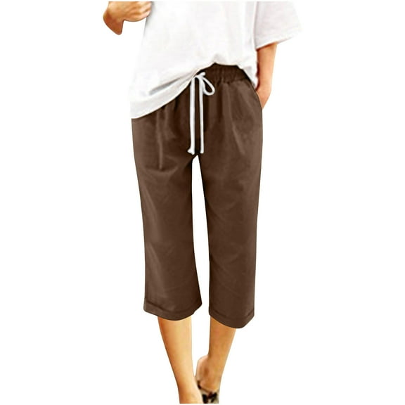 successthop Womens Capris with Pockets Casual Plus Size Wide Leg Cropped Pants Holiday Solid Loose Summer Bottoms Brown