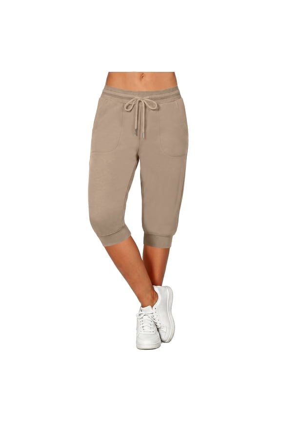 Womens Capris with Pockets Plus Size Cropped Pants Drawstring Elastic Waist Jogger Cuff Slacks Bottoms Beige