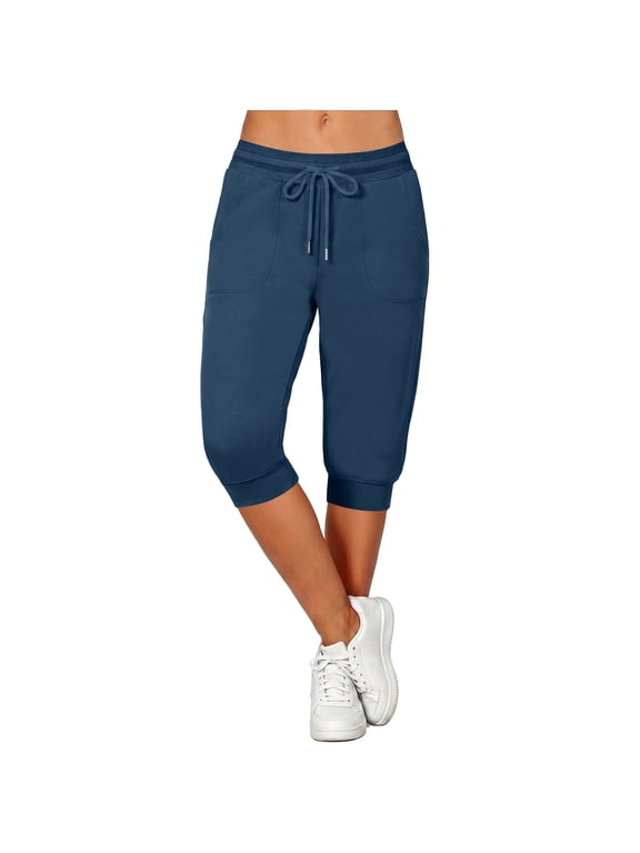 Womens Capris with Pockets Plus Size Cropped Pants Drawstring Elastic Waist Jogger Cuff Slacks Bottoms Navy